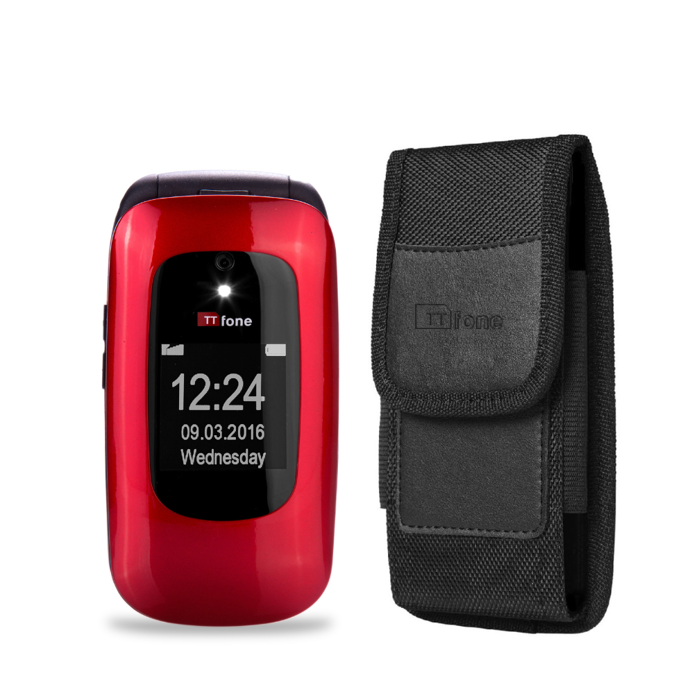 Bundle offer for TTfone Lunar TT750 Red Flip Big Button Senior Mobile with Nylon Holster Case (TTCB4), Vodafone Pay As You Go