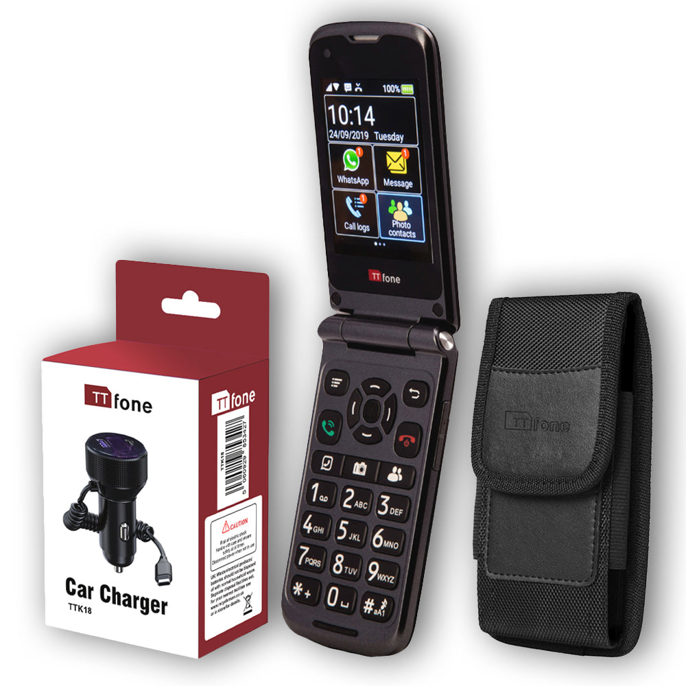 Bundle offer for TTfone Titan TT950 Touchscreen WhatsApp Flip Senior Mobile with Nylon Holster Case (TTCB9) and Car Charger (TTCC), Vodafone Pay As You Go