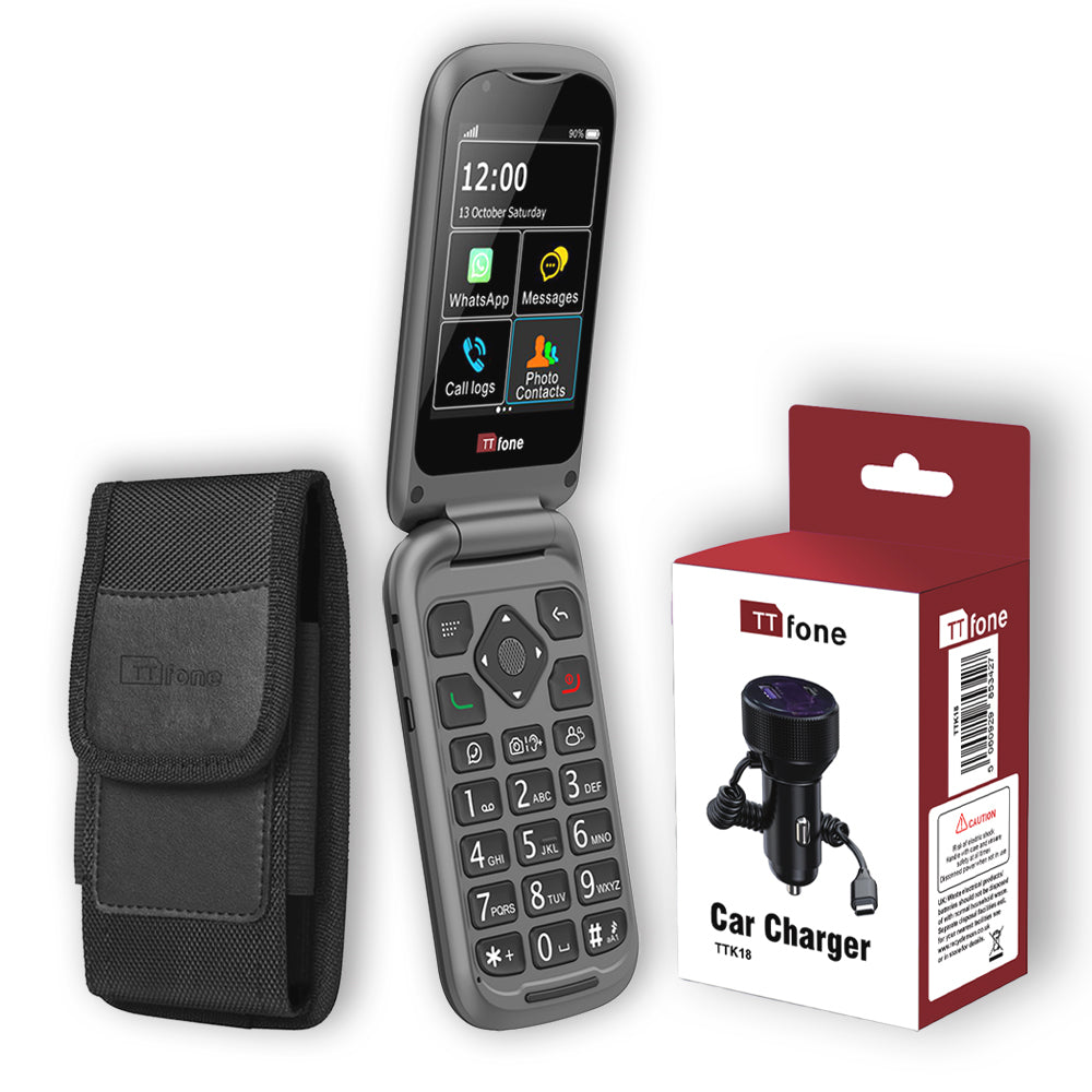 Bundle offer for TTfone TT970 4G WhatsApp Flip Big Button Senior Mobile with Nylon Holster Case (TTCB9) and Car Charger (TTCC), Vodafone Pay As You Go